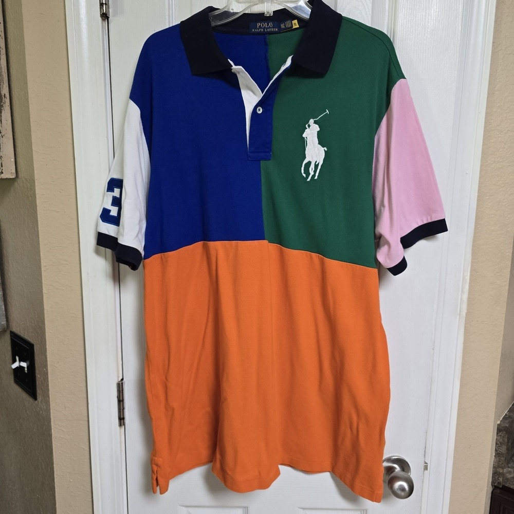 Polo Ralph Lauren Mens Multicolor Color Block Big Logo Polo Shirt Size XLT